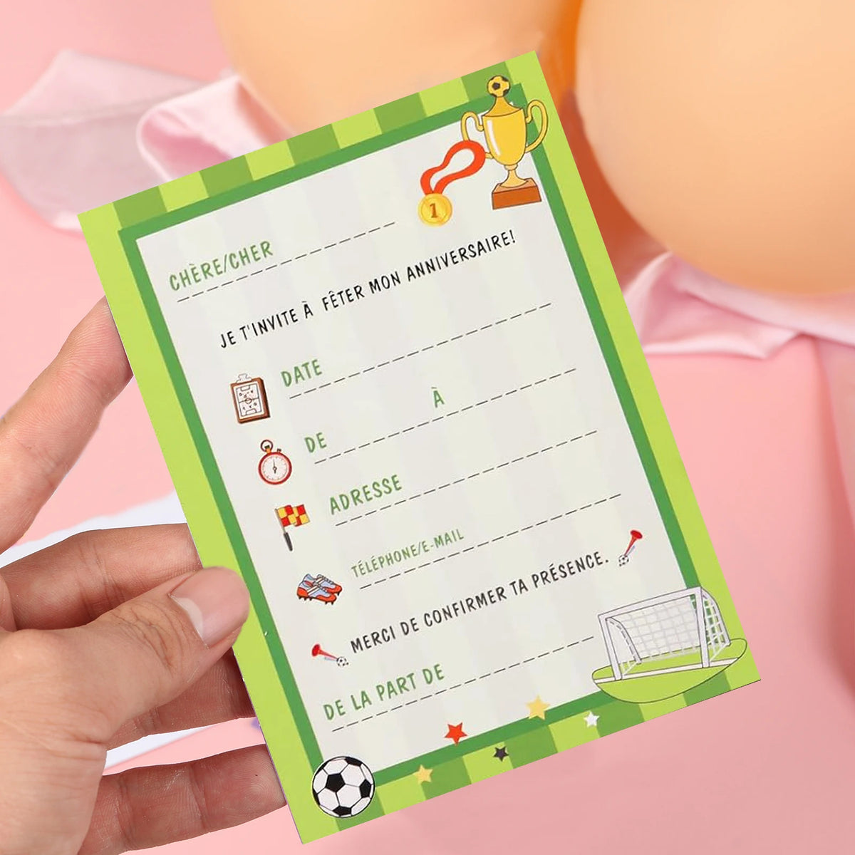 12 Cartes d’Invitation Anniversaire Thème Football — Design But & Trophée, Garçon & Fille