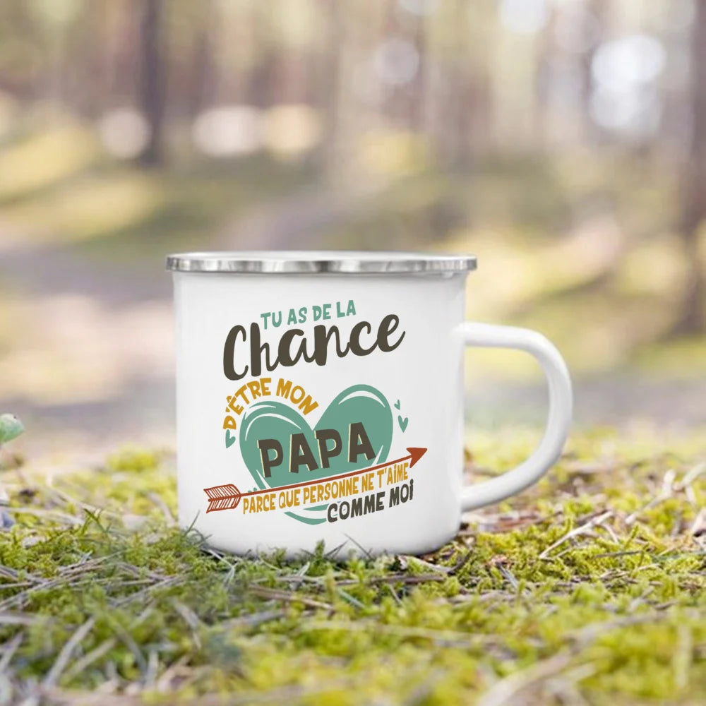 Meilleur papa et maman du monde tasse imprimée française boisson en plein air lait tasse à café Camping tasses en émail cadeau d'anniversaire festif pour papa maman
