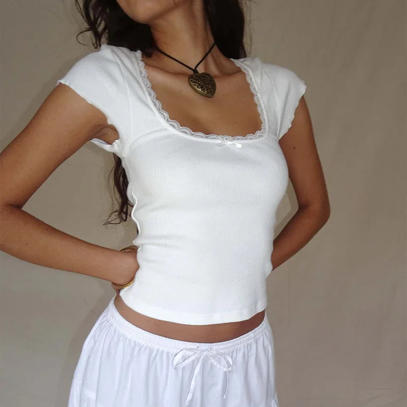 Camiseta vintage Y2k para bebé, camiseta de punto con ribete de encaje, cuello cuadrado, manga corta, para verano, color blanco, estilo milkmaid