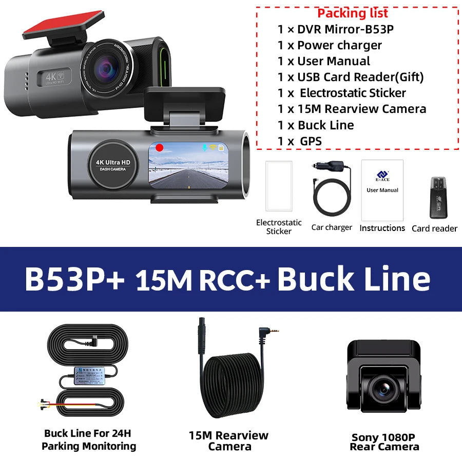4K Dash Cam GPS WIFI APP 24H Night Vision Optional Rear Mini Lens Car Dashcam DVR Video Recorder Car Camera Black Box