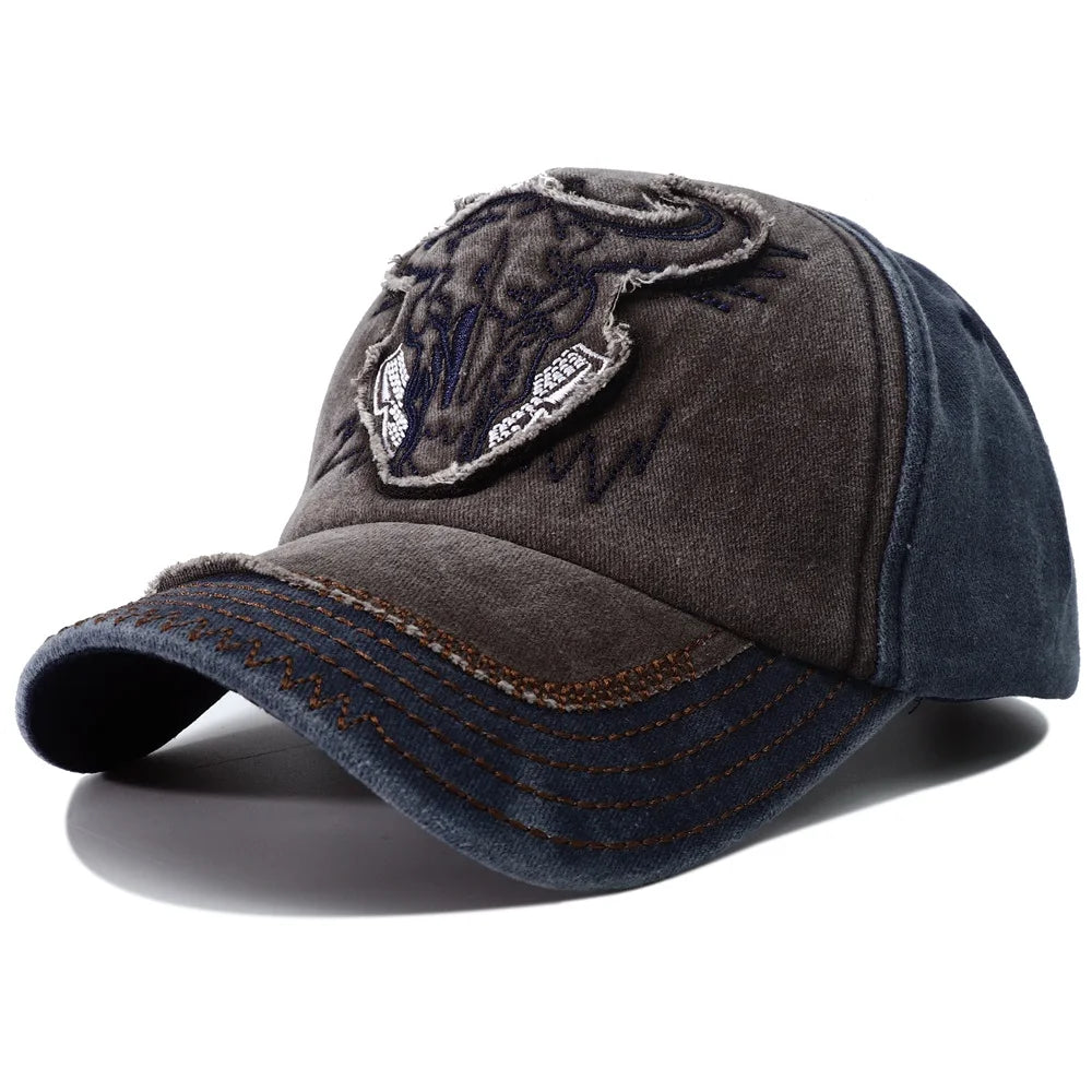 Gorra de béisbol de mezclilla lavada para hombres y mujeres, estilo Hip Hop Vintage con bordado de cabeza de toro, Y2k Snapback, gorras de papá, nueva colección 2023