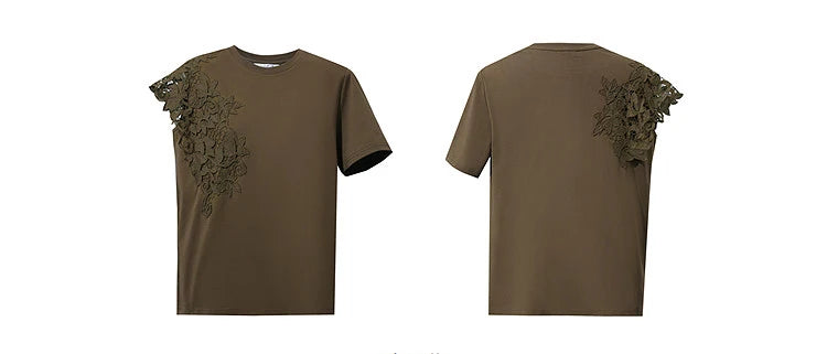 T-shirt femme 2026 été — col rond, coton, anti-transpiration, dentelle asymétrique, ample, manches courtes