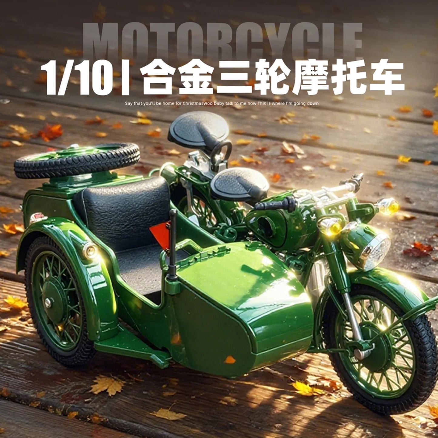 Die-cast 1:10 Sidecar Trike Model Simulation Alloy Sound Light Toy Car Retro Ornaments Collection Miniature Car Boy Gift