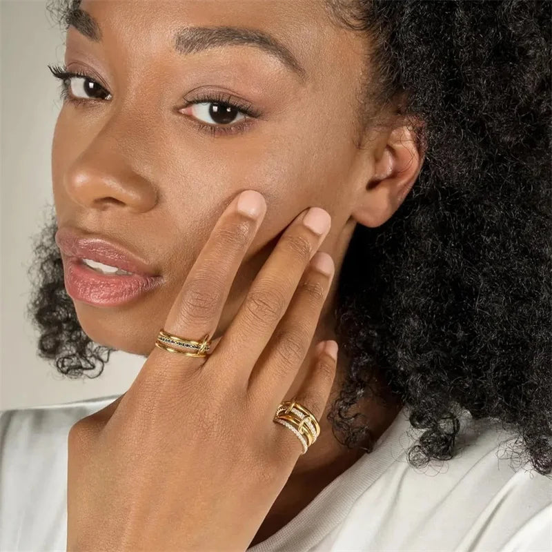 A Niche bicolored copper four-ring jewelry ring, hypoallergenic, Ins Style, stackable artifact, suitable for young women's jewelry