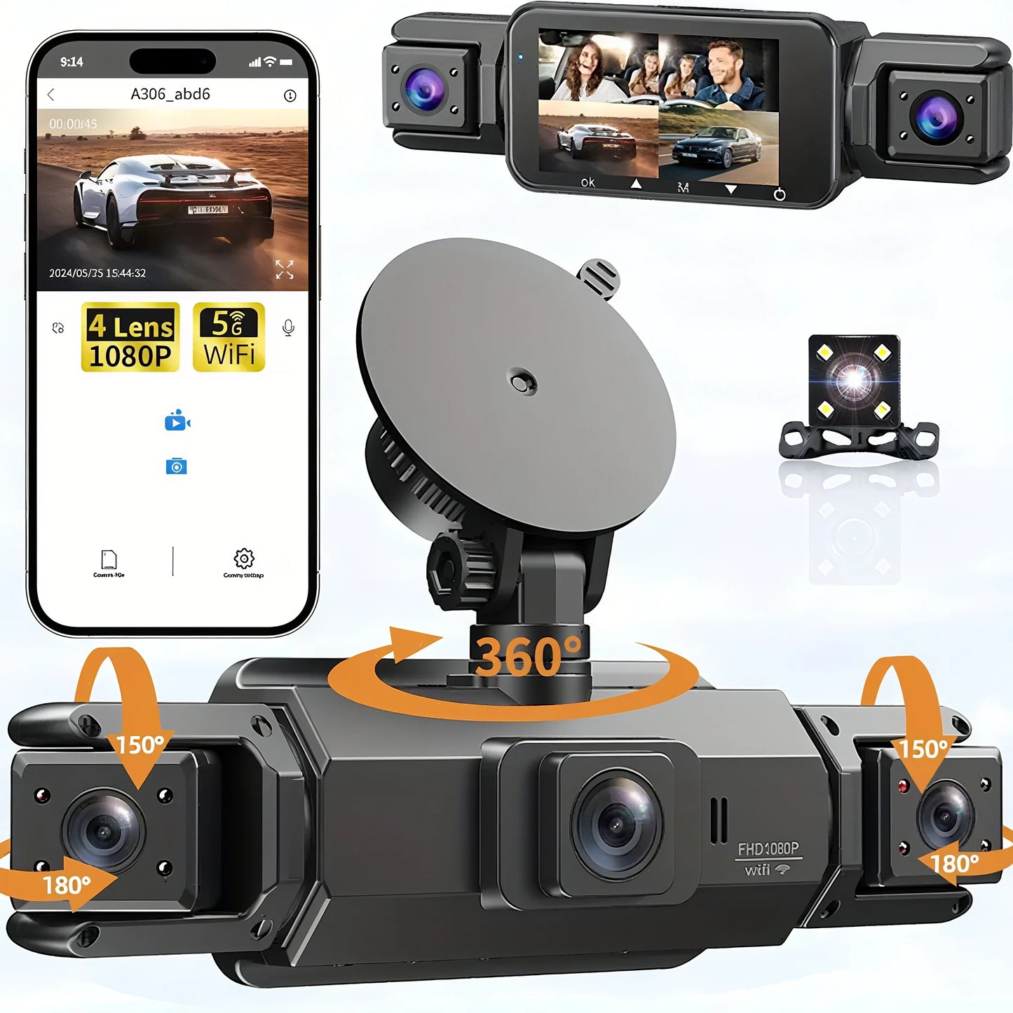 4-channel WiFi car dashcam DVR dashcams for car 24h rear box parking mode interior front and rear 360 dash cam