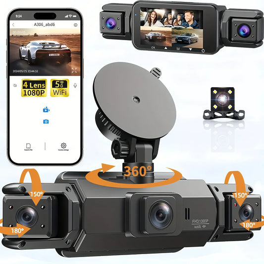 Dashcam 4 Canaux WiFi 360° — Stationnement 24H Intérieur Avant Arrière