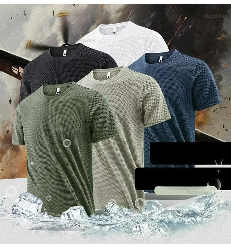 T-Shirt à manches courtes pour hommes, respirant, gaufré, séchage rapide, col rond, ample, course à pied, entraînement, haute élasticité, haut d'été fin, 2026