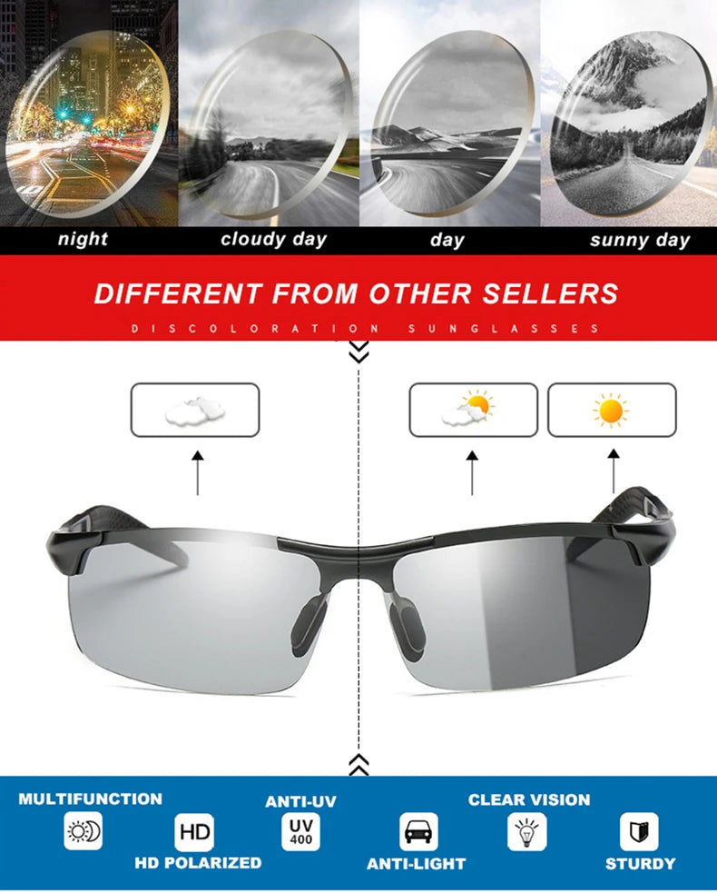 Lunettes de soleil aluminium photochromiques polarisées — jour/nuit, conduite, caméléon, anti-éblouissement, UV