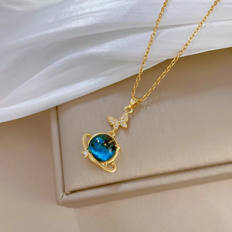 Collier astronaute étoile et planète pour femmes — couleur or, pendentif lune, chaîne clavicule, bijoux cadeau
