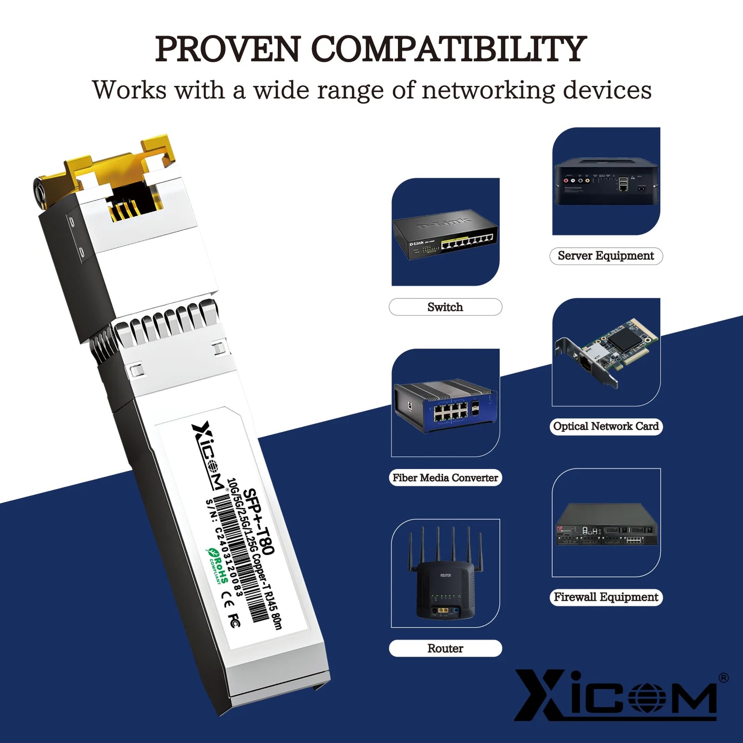 Módulo transceptor SFP+ RJ45 de cobre Xicom 10G, puerto RJ45 80M, compatible con 10G/5G/2.5G/1.25G con switches Ethernet Cisco/Mikrotik