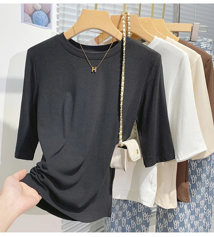 T-shirt femme 100% coton basique — col rond, tendance, uni, manches courtes, été 2026