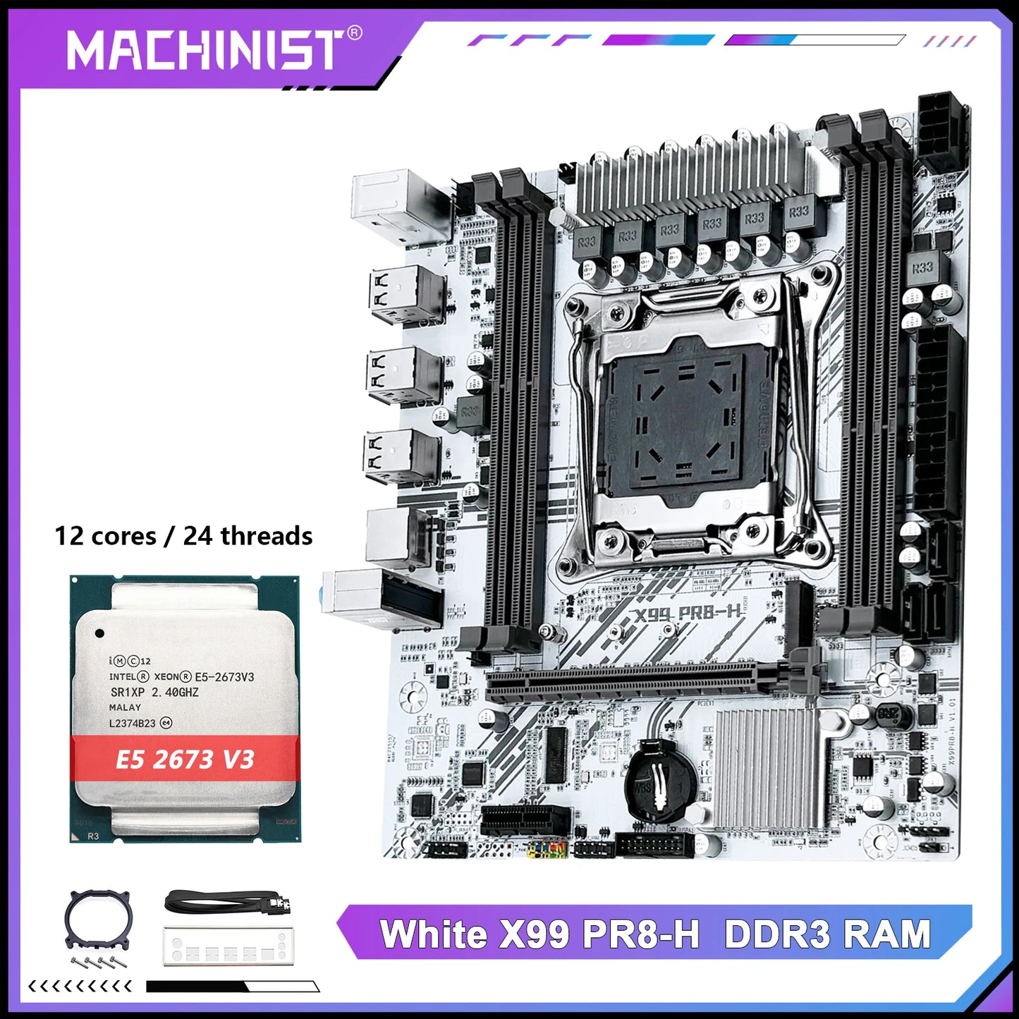 MACHINIST X99 carte mère Intel Xeon E5 2673 V3 CPU LGA2011-3 DDR3 16GB RAM NVME/SATA M.2 blanc PR8-H