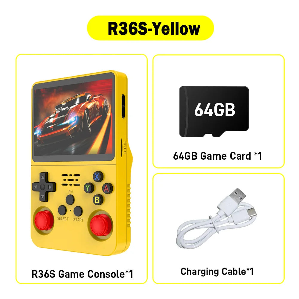 R36S ARKOS Consola de videojuegos portátil retro de 3,5 pulgadas IPS con múltiples colores disponibles, pantalla de reproductor portátil, 64GB de juegos