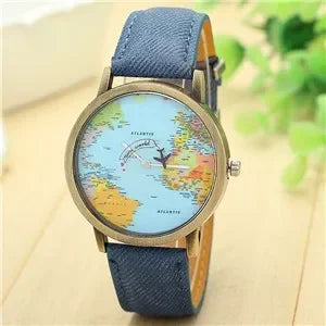 2022 World Fashion World Map Plane Denim Fabric Band Casual Men Women Quartz Watch Gift Clocks Relógio