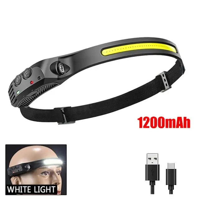 Lampe frontale de sauna à induction LED COB, batterie intégrée, lampe de poche aste USB, capteur de pêche, camping en plein air