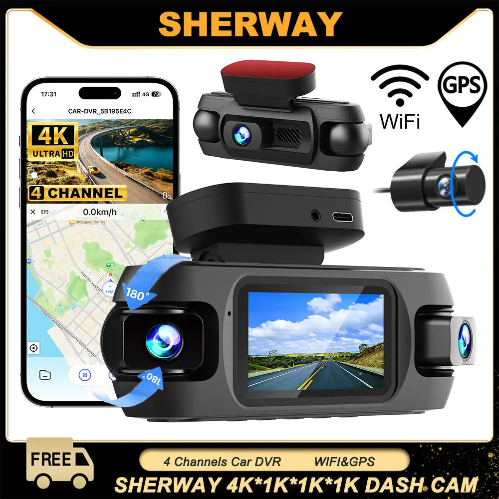 4K 4-Channel 360° Car Dash Camera 4 Lens 1080p Front Left Right Rear Car DVR Built-in Wifi GPS WDR Night Vision Camera
