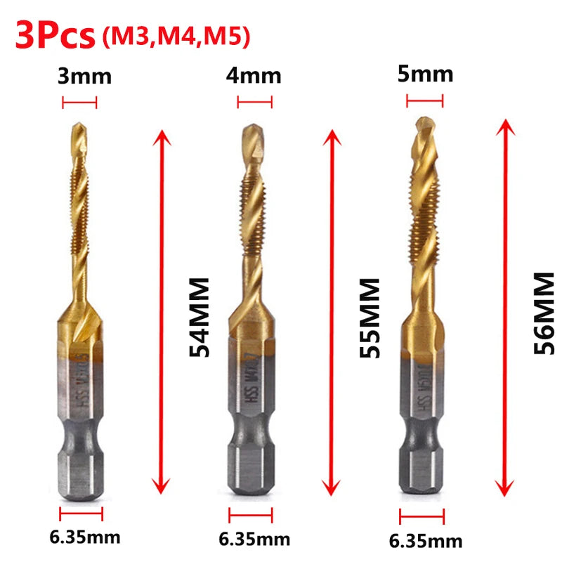 Forets tarauds plaqués titane tige hexagonale HSS — M3, M5, M6, M8, M10, outils à main