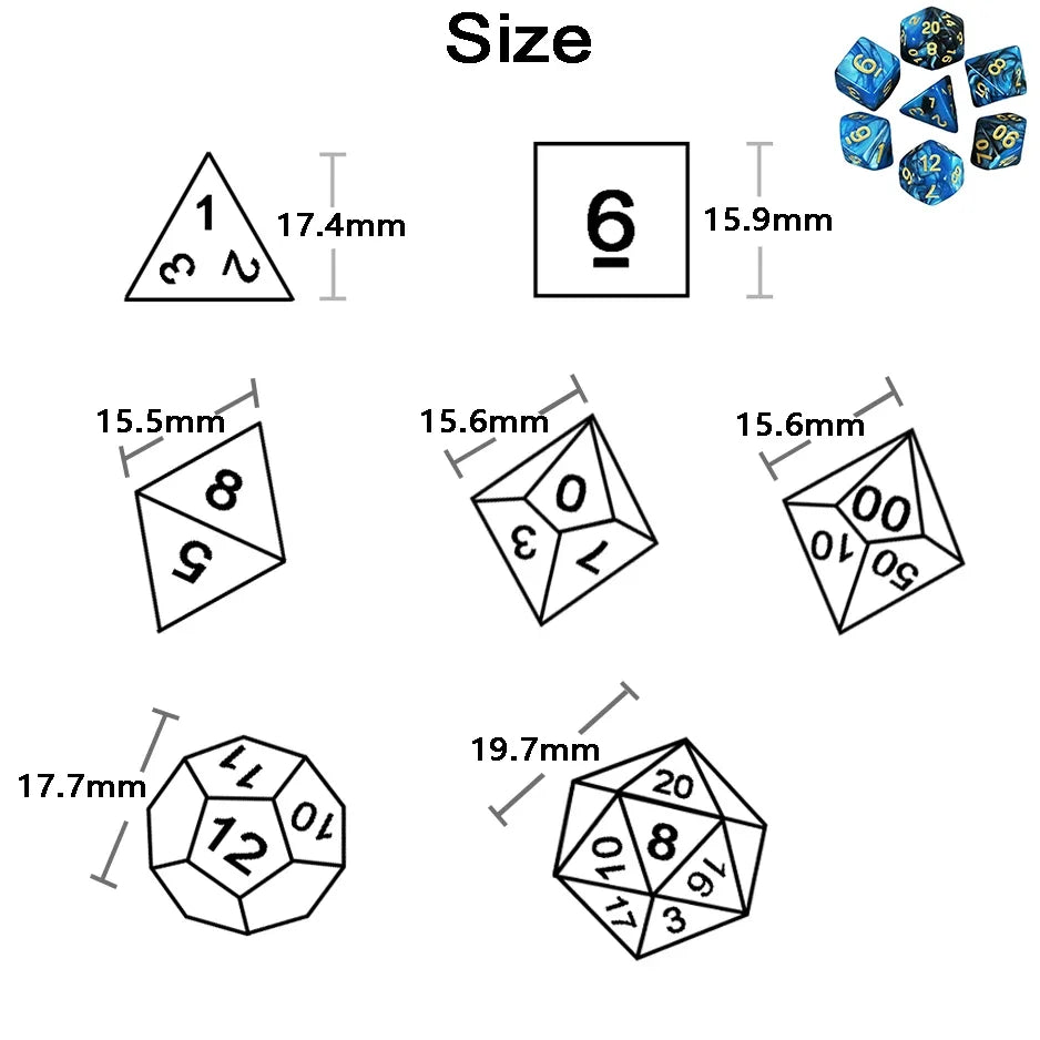 Dados poliédricos con bolsa, juego de mesa, desayunos, DnD, d4,d6,d8,d10,d %,d12,d20, 7 piezas