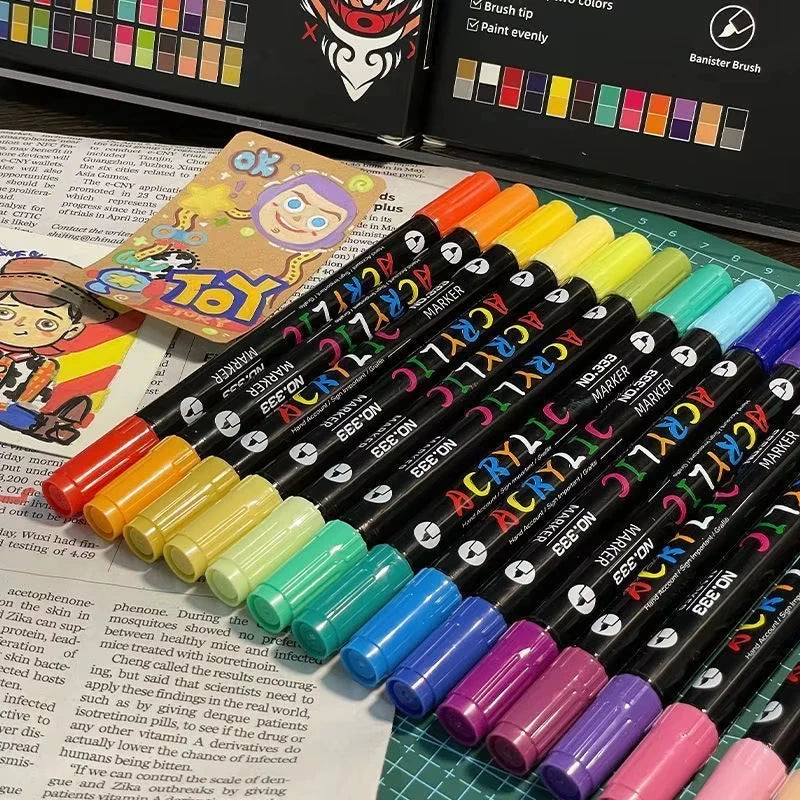 Rotuladores de pintura acrílica profesionales de 48 colores, punta doble fina y pincel, adecuados para piedra, madera, caligrafía