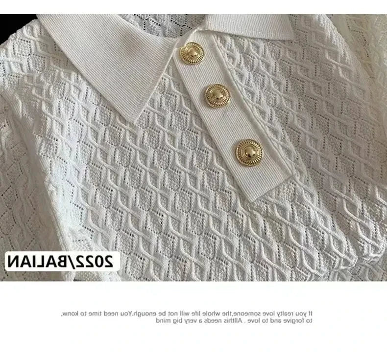 Polo en soie glacée tricoté à manches courtes, T-shirt d'été chic et fin, hauts jacquard uniques pour femmes, style coréen 2026, vêtements pour femmes
