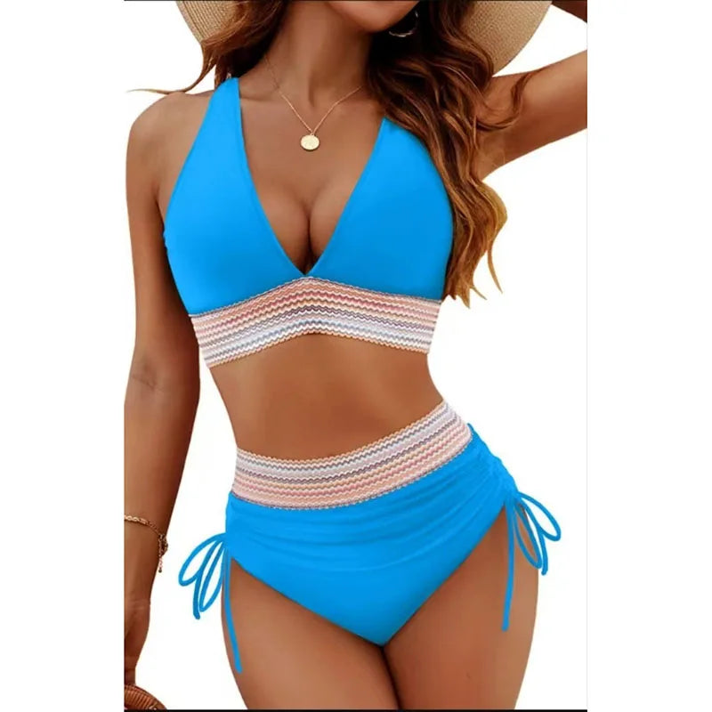 Ensemble de maillot de bain bikini sexy à col en V profond pour femme, collection été 2026, avec coussinets de poitrine, taille haute et cordon de serrage, style triangle