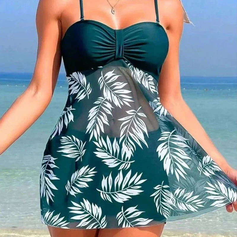 Maillot de Bain Fendu Femme 2024 — Robe Courte Sexy, Taille Haute, Maille Imprimée, Plage