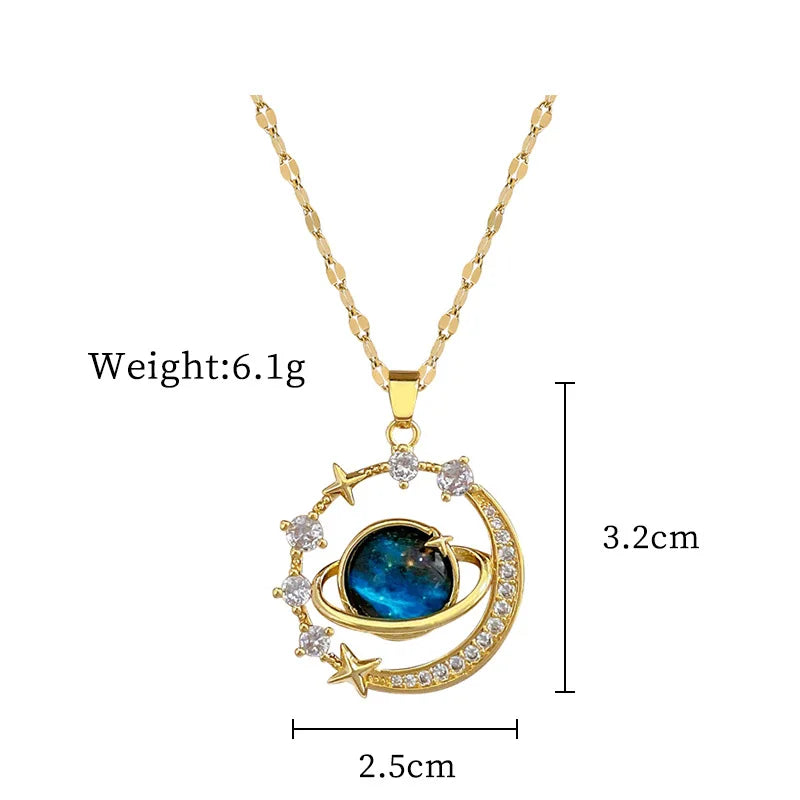 Collier planète ciel étoilé — étoile et lune, chaîne de clavicule polyvalente, acier inoxydable, femme