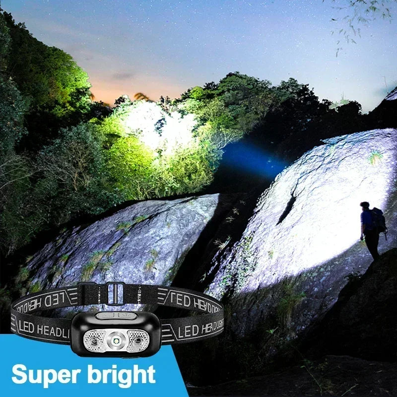 Lampe frontale puissante à LED portable avec capteur, rechargeable par USB, lampe torche frontale pour camping, pêche, lanterne d'urgence
