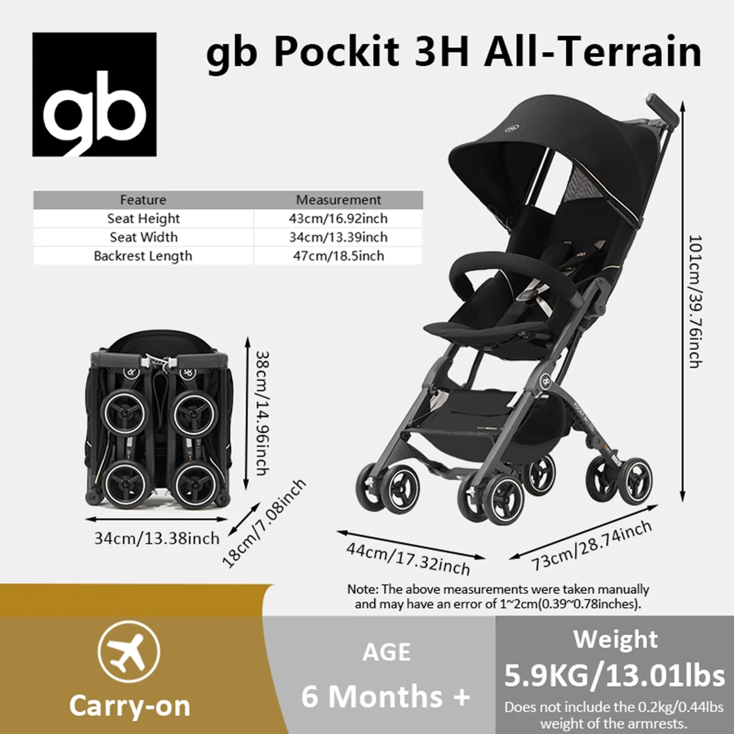 GB Pockit 3H baby Stroller (includes free armrest), All-Terrain, Lightweight Stroller, Travel-Friendly, for Babies and Toddlers