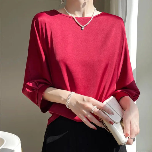 Nouveauté 2026 – T-shirt basique en satin de soie à manches courtes pour femme, col rond, coupe décontractée et légère, chemisier ample pour femme