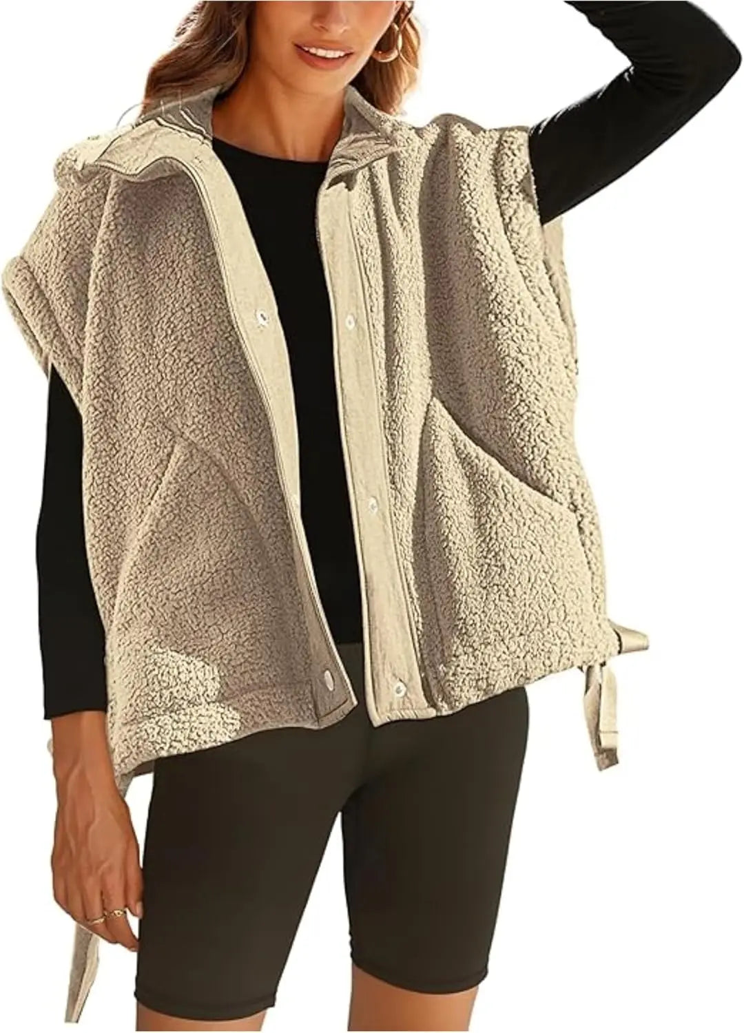 Chaleco polar de felpa para mujer, de talla grande, sin mangas, Sherpa, cálido, con botones, prendas de abrigo con bolsillos