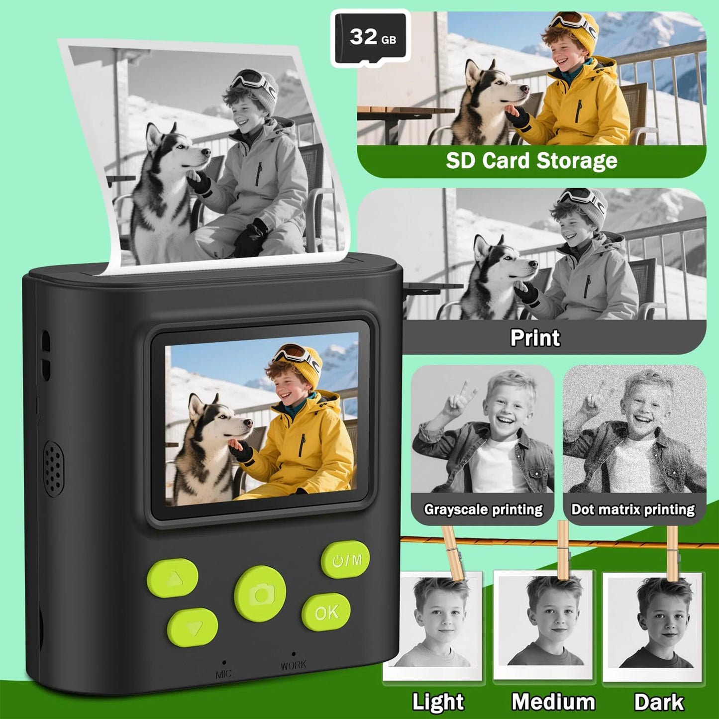 INOCTI Kids Print Camera, Digital Camera for Toddlers, Three Print Papers and 32G Card, for Girls & Boys, Christmas Birthday Gifts