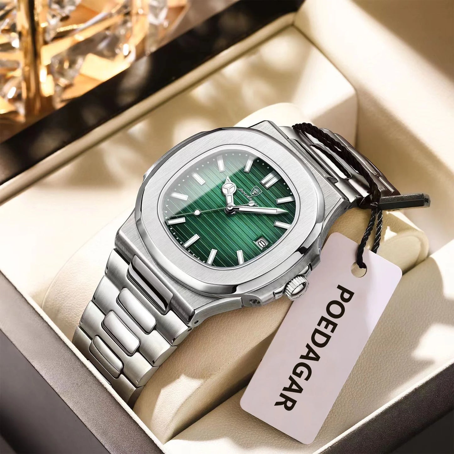 POEDAGAR - Reloj de pulsera cuadrado de moda para hombre, luminoso, impermeable, de acero inoxidable, reloj de cuarzo para hombre, de negocios, Reloj