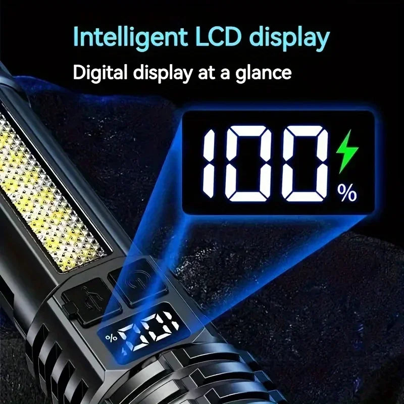 High Power LED Flashlight, Type-C Rechargeable Waterproof Torch with COB Side Light, Portable Zoom Outdoor Lamp for Camping and Hiking