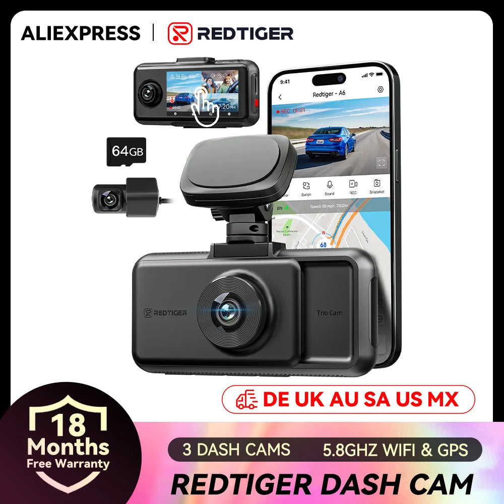 Dashcam 4K WiFi 5.8GHz GPS — Vision Nocturne 3 Caméras Avant Cabine Arrière