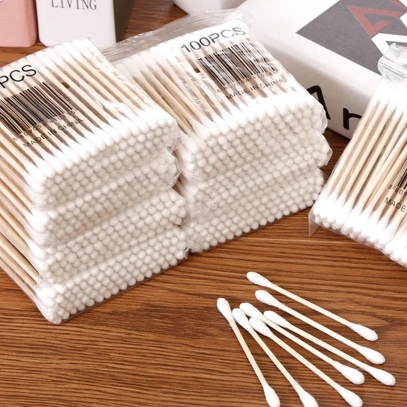Cotton Swab Storage Box, Double Head Cotton Swab Container, Transparent Square Bamboo Lid, Toothpick Organizer Box