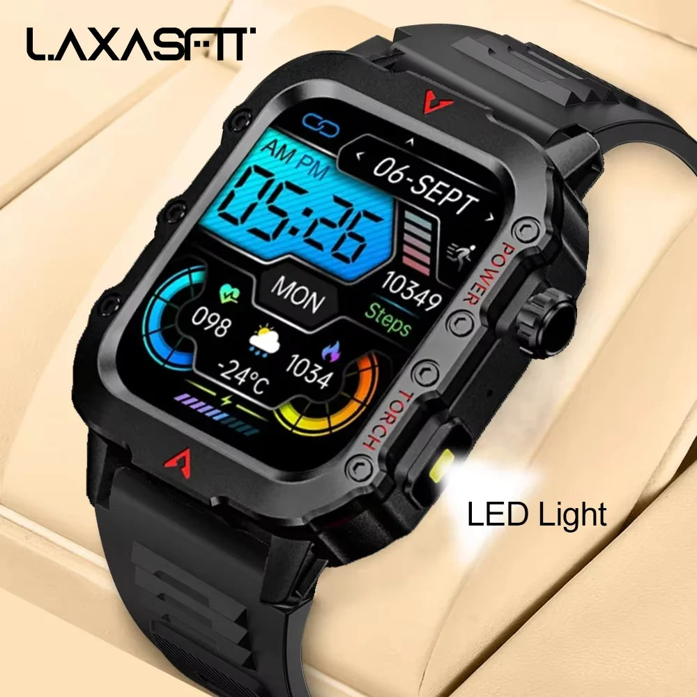 LAXASFIT nuevo reloj inteligente para hombre con linterna LED, reloj inteligente deportivo para exteriores, reloj de pulsera con monitoreo de salud