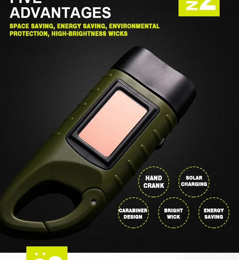Lampe de poche LED à manivelle, équipement de survie Rechargeable à énergie solaire, torche de charge auto-alimentée, Dynamo pour pêche, bateau, randonnée