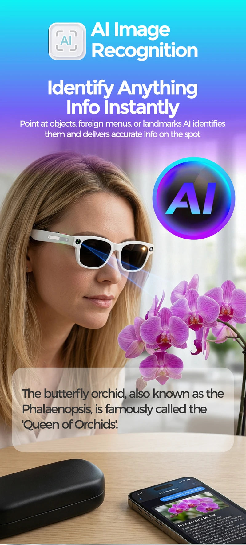 Lunettes intelligentes IA 2026 — traduction IA, caméra HD 8MP, vidéo 4K, appel Bluetooth, enregistrement, musique