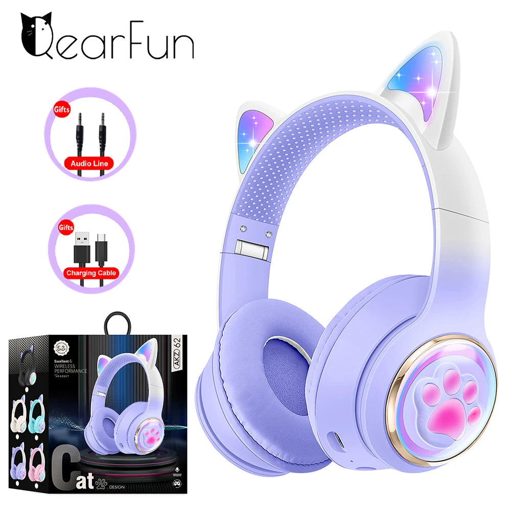 Auriculares inalámbricos RGB con orejas de gato para PC, lindos, cápsula espacial 3D, auriculares Bluetooth, auriculares plegables para juegos, regalos para niñas