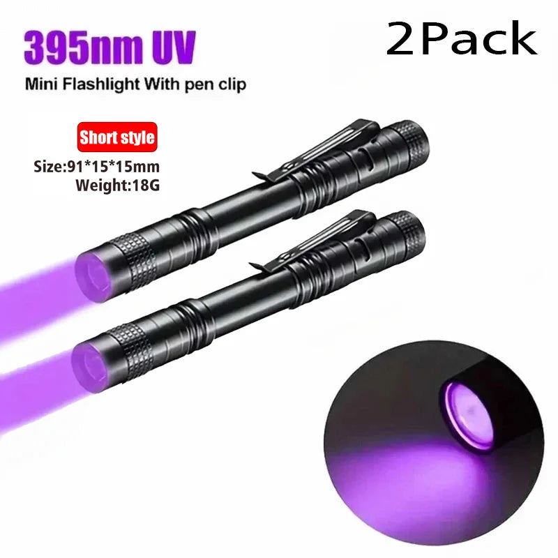 Lampe de poche UV 395nm, torche ultraviolette avec pince à stylo, piles AAA portables utilisées, lumière violette, détecteur d'urine animale et de Scorpion, lampe UV