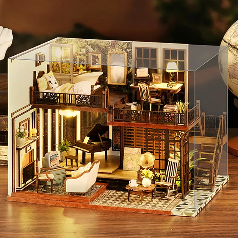 Casa de muñecas de madera, modelo de jardín, puzle 3D, kits de construcción para montar, juguetes, decoración de dormitorio con luces LED, regalo para casa de muñecas, bricolaje