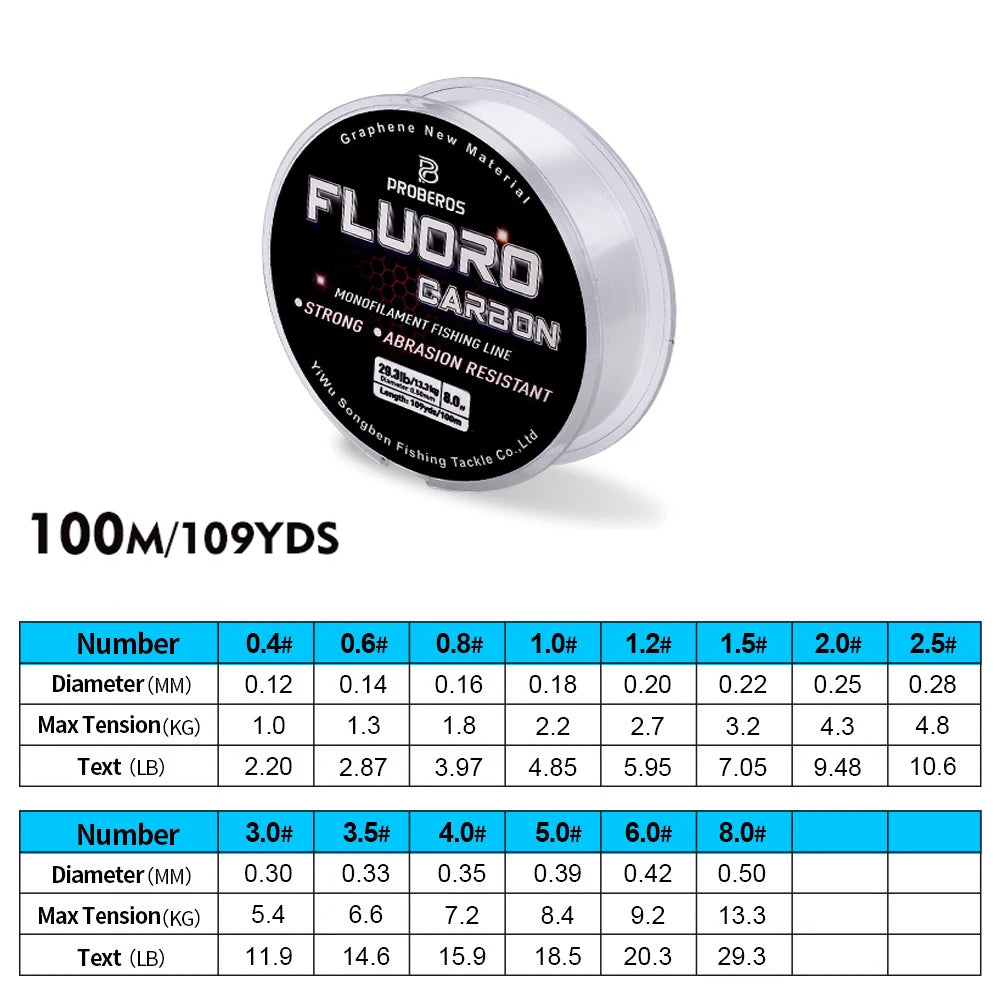 PROBEROS 100M ligne de pêche à revêtement fluorocarbone 2.2LB-29.3LB ligne de Leader Monofilament en Fiber de carbone ligne de pêche à la carpe