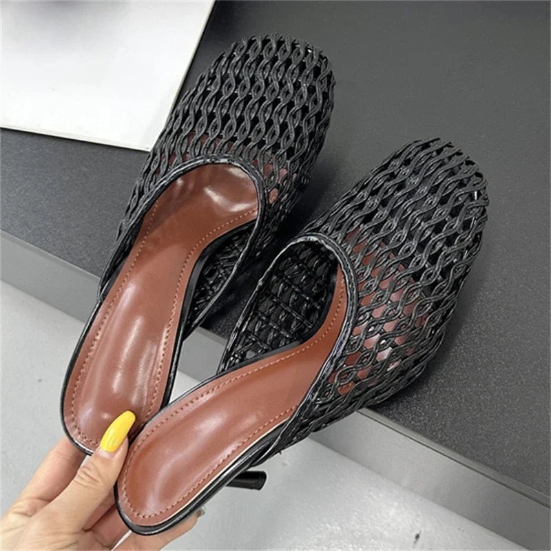 Aneikeh Fashion Square Toe Hollow Out Mules Pumps Summer Stilettos Women Slippers Breathable Mesh Sandals Femme Shoes