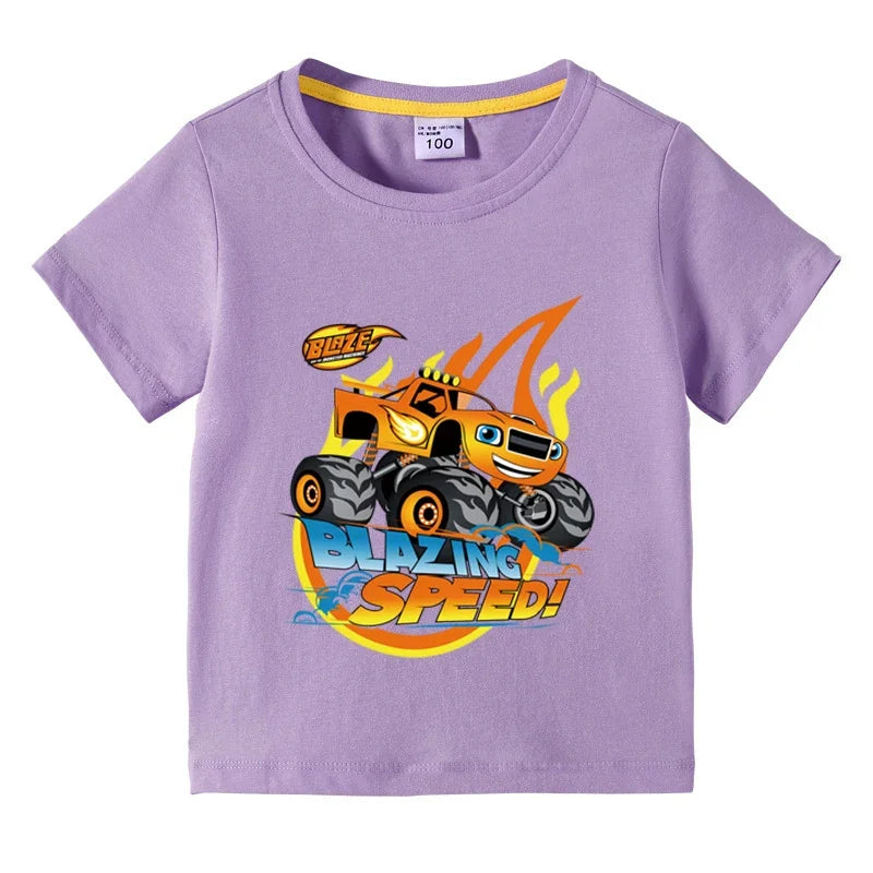 Kids' Short Sleeve Cotton T-shirt, Funny Cartoon Print, Blaze and the Monster Machines Series
