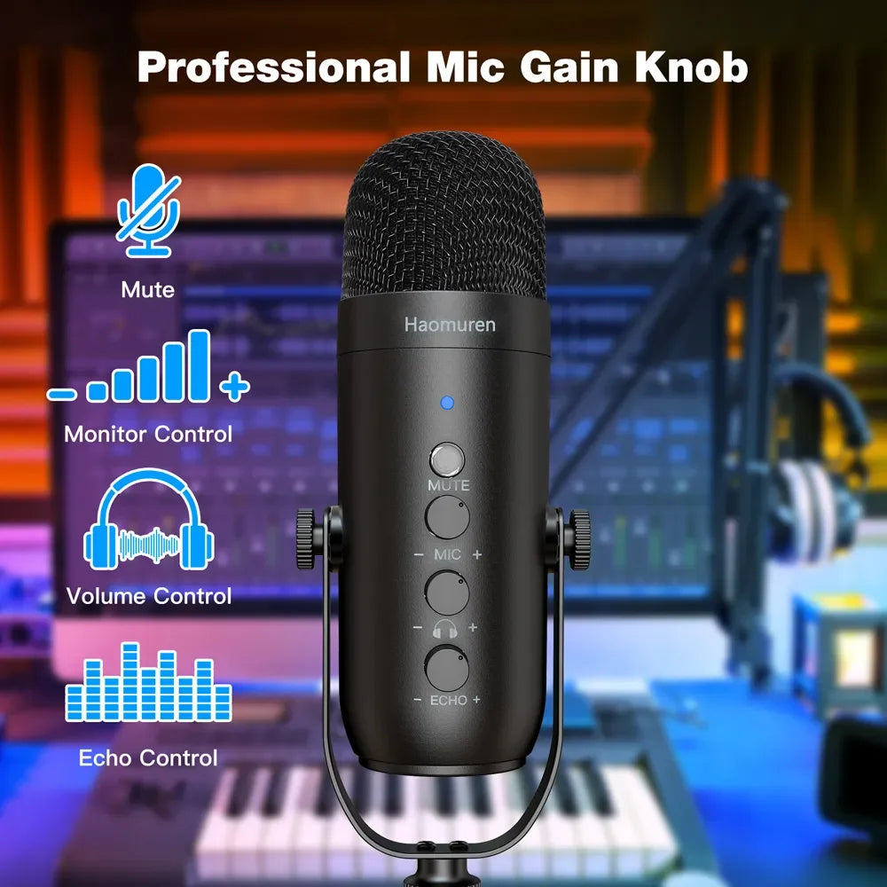 Haomuren – Kit microphone à condensateur cardioïde USB avec bras articulé pour studio et podcast