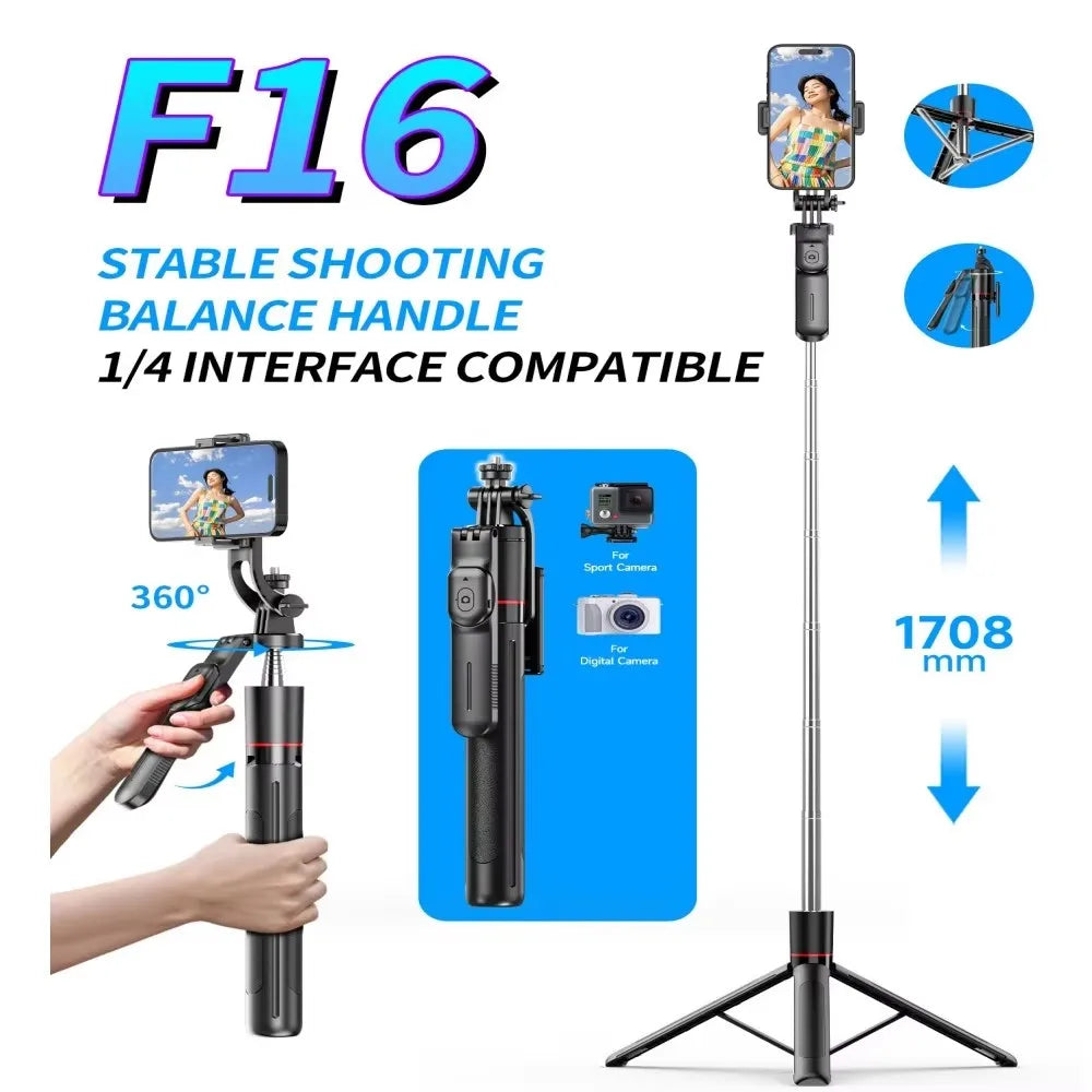 Trépied perche à selfie avec lumière de remplissage — 1708mm, télécommande Bluetooth, rotation 360°, interface 1/4