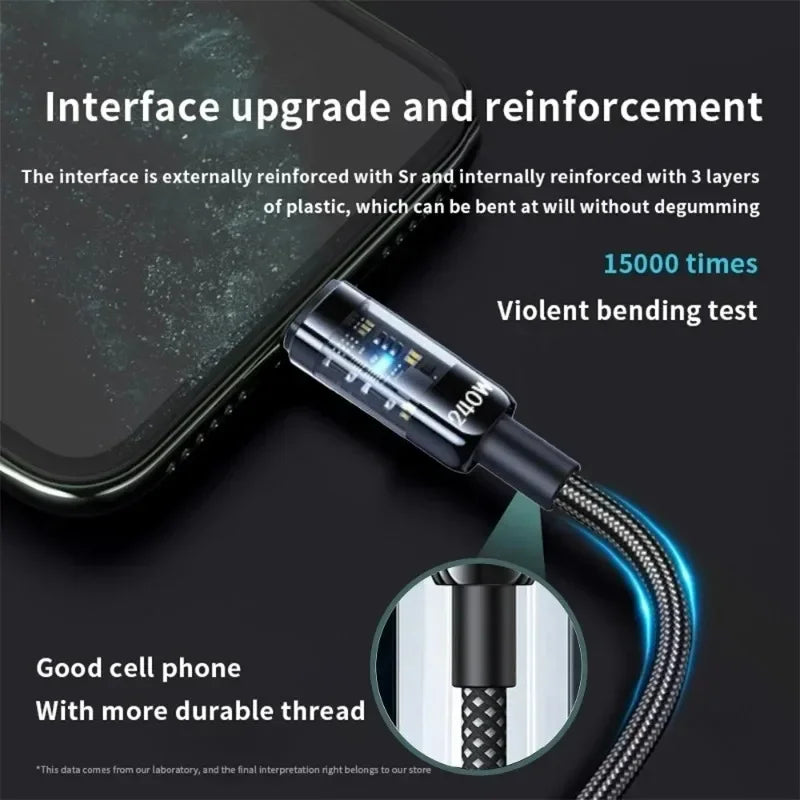 0,25/1/1,5/2M 240W Cable de datos de carga súper rápida USB C PD de nailon con pantalla digital LED, cables de datos de carga rápida USB a Tipo C