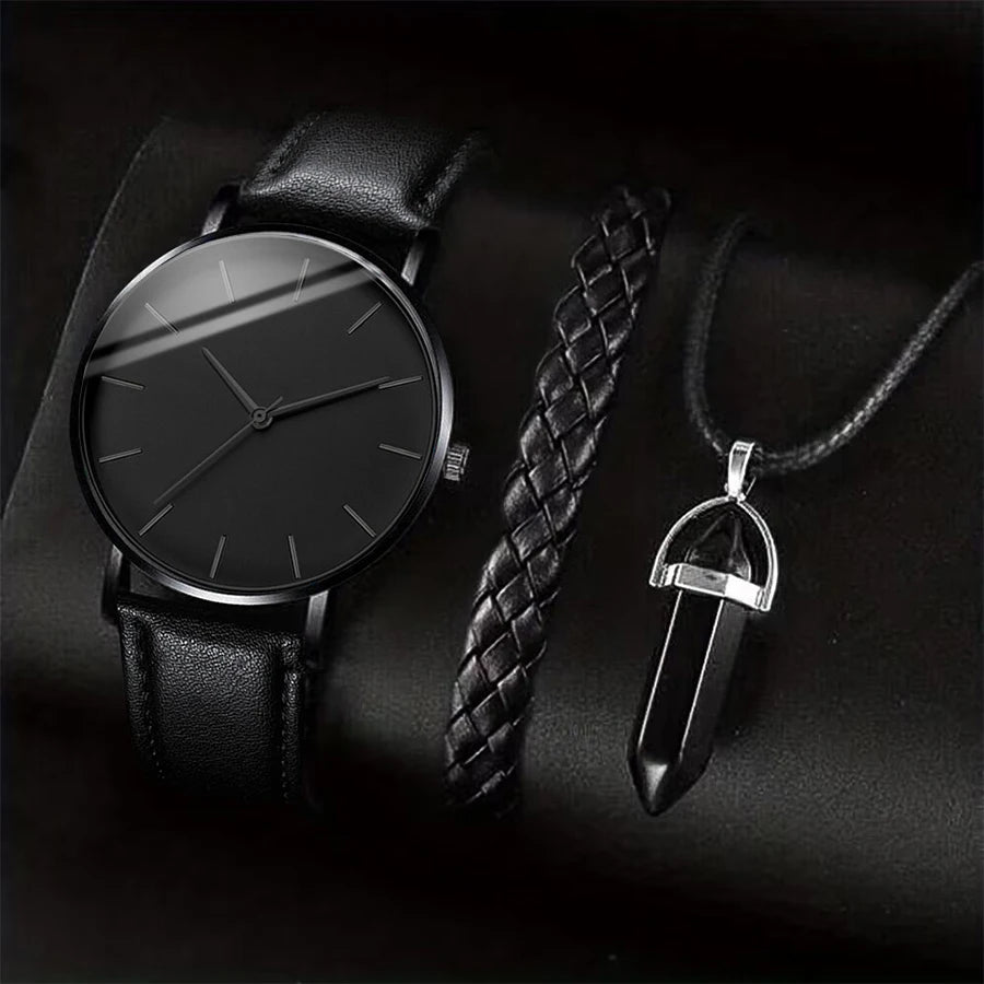 Ensemble Montre Bracelet Collier Homme 3 Pièces — Cuir Décontracté Quartz