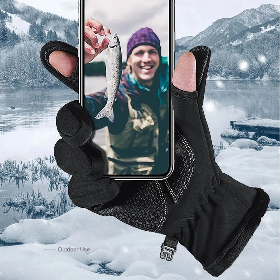 Gants de pêche imperméables d'hiver, 2 doigts, coupe-vent, pour femmes et hommes, Protection chaude en velours, gants de pêche au poisson